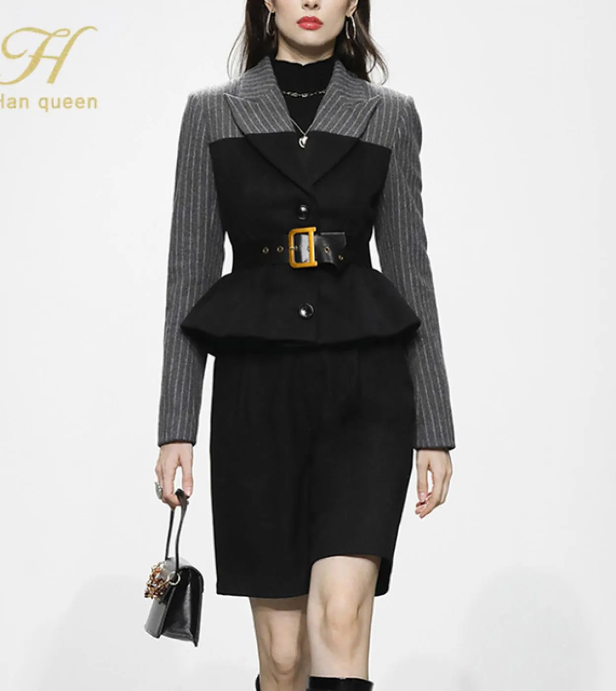 H Han Queen Autunno Inverno Abiti 2 pezzi Donna 2022 Elegante Collision Color Blazer Pantaloncini a vita alta Simple Ol Work S