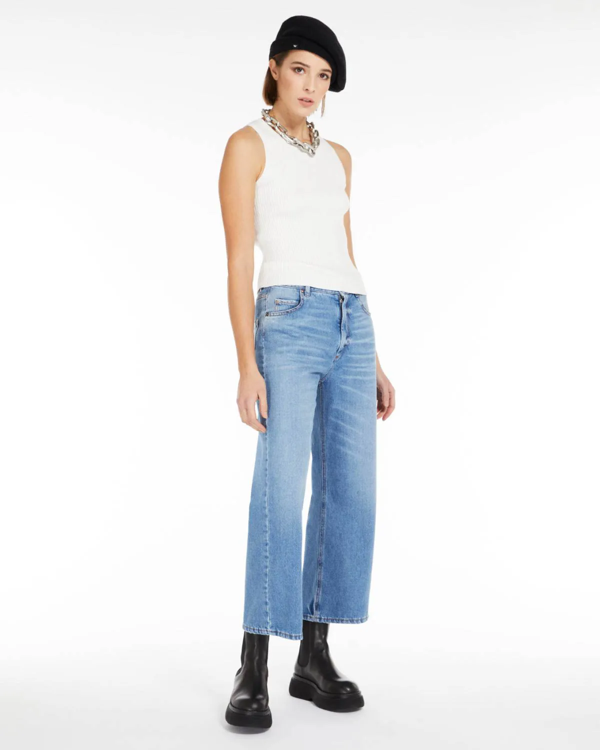 Jeans cropped in denim di cotone stretch trattato effetto used blu stone washed